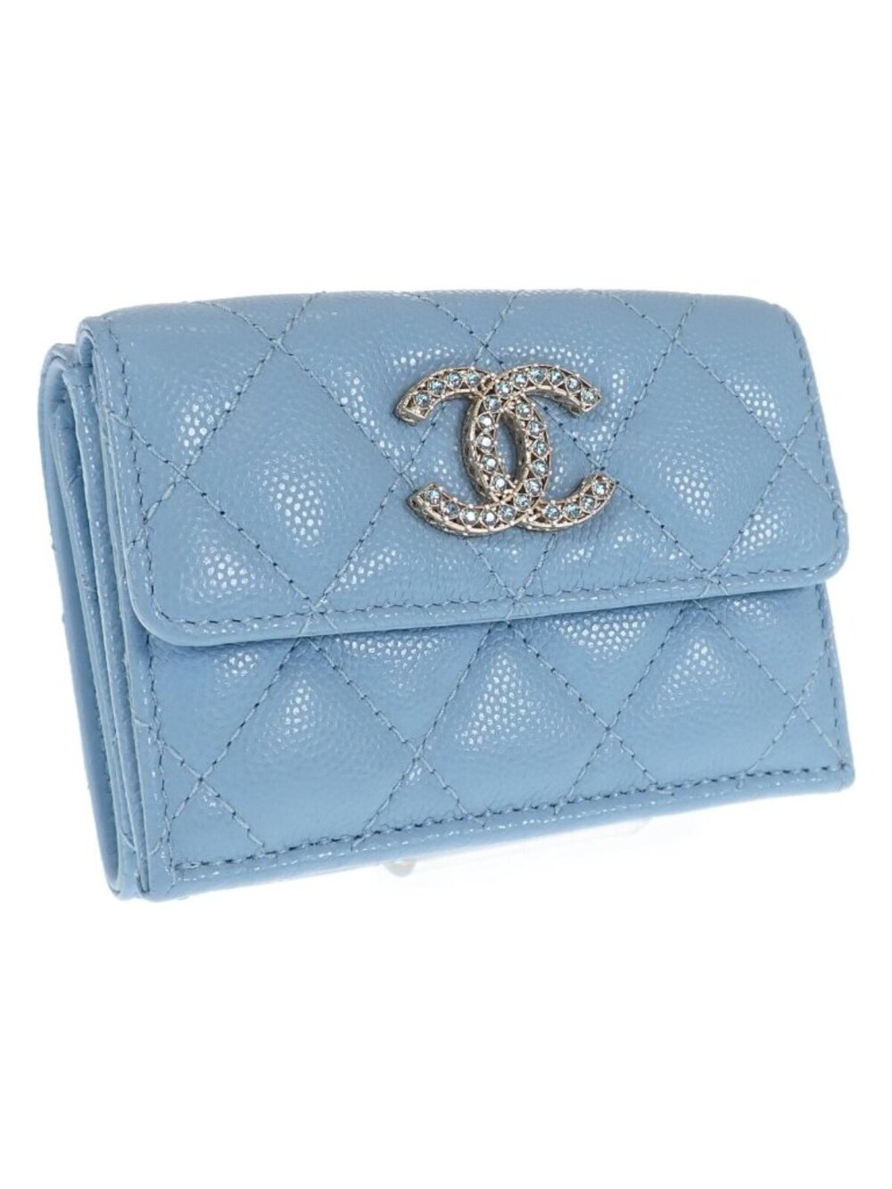 Chanel CC Logo Small Flap Wallet Trifold Caviar Leather Strass Blue Gold